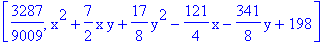 [3287/9009, x^2+7/2*x*y+17/8*y^2-121/4*x-341/8*y+198]